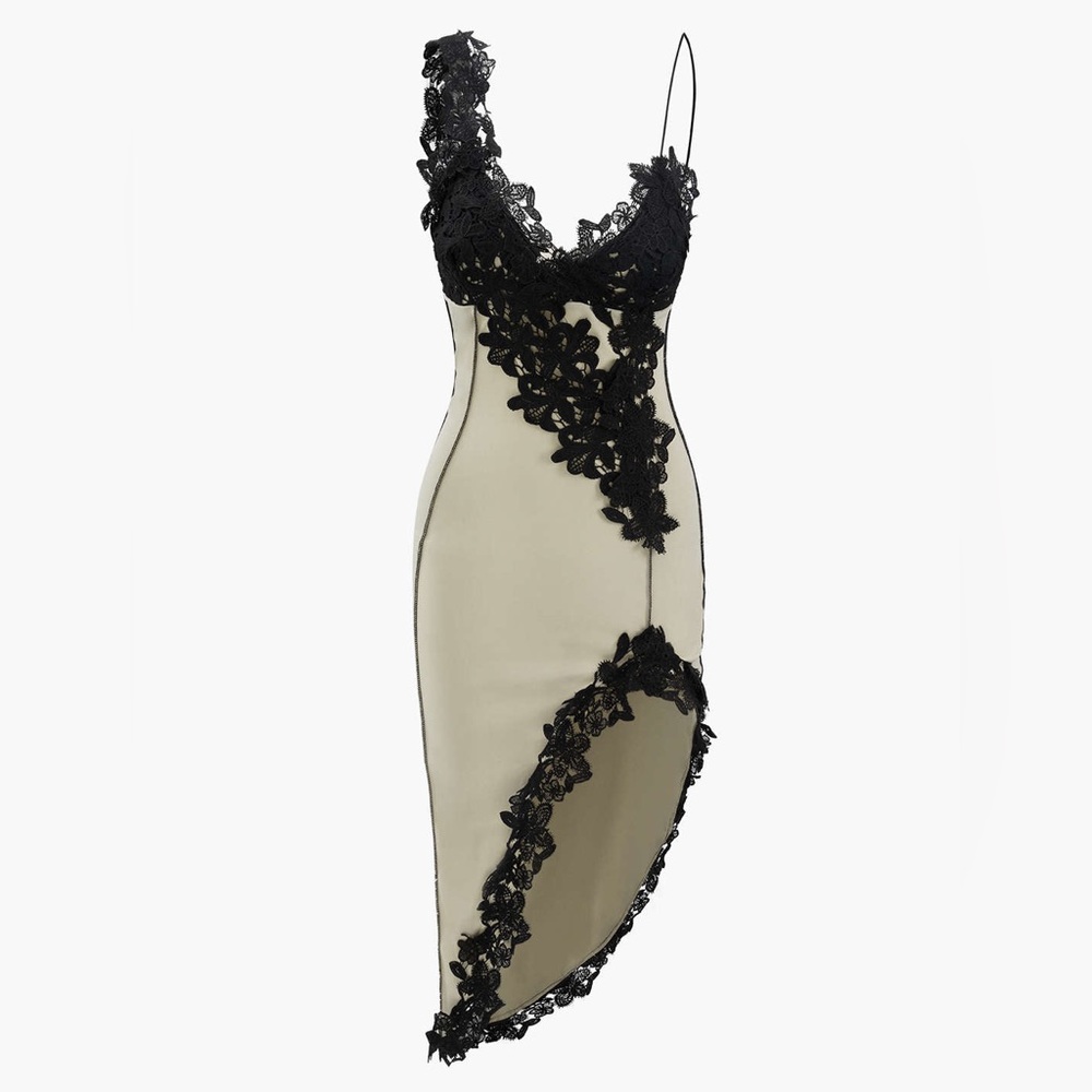Asymmetric Lace Panel Midi Dress